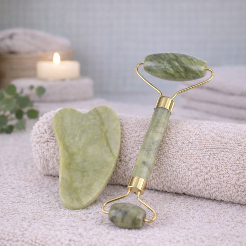 Kit 2 - Set de Massage Visage en Pierre de Jade – Roll-On & Gua Sha
