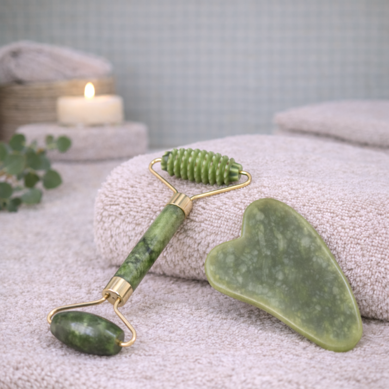 Kit 1 - Set de Massage Visage en Pierre de Jade – Roll-On & Gua Sha